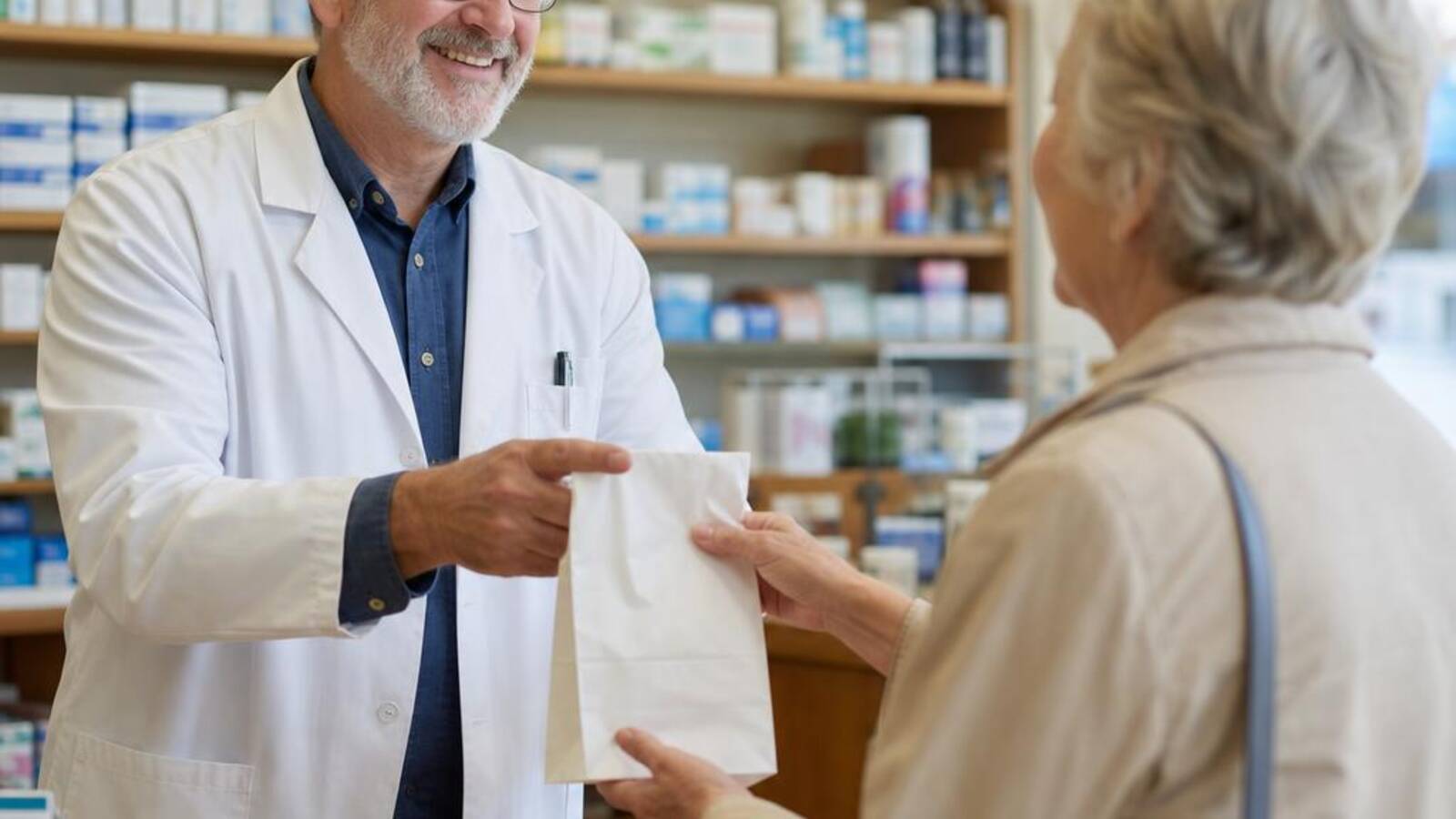 Pharmacist handing a prescription bag to a patient at the pharmacy counter